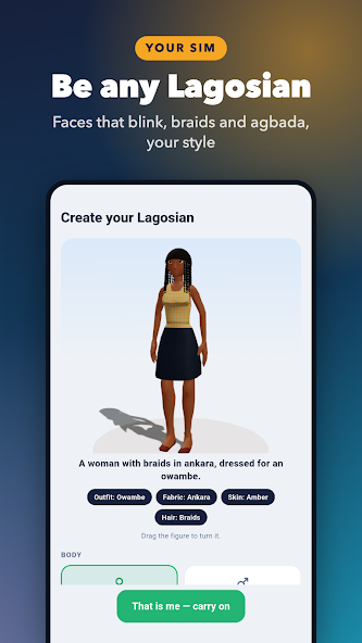 Character creation — customize your avatar, from ankara styles to braids