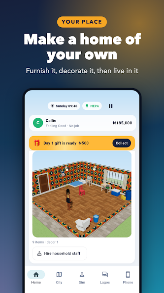 A furnished home interior — the in-game HUD shows your Naira balance and the bottom navigation bar