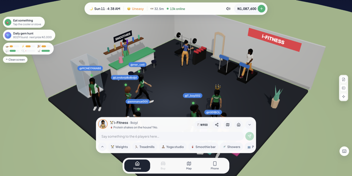 A live venue panel in-game — i-Fitness at Ikoyi shows who is here, venue chat, and the actions each spot offers